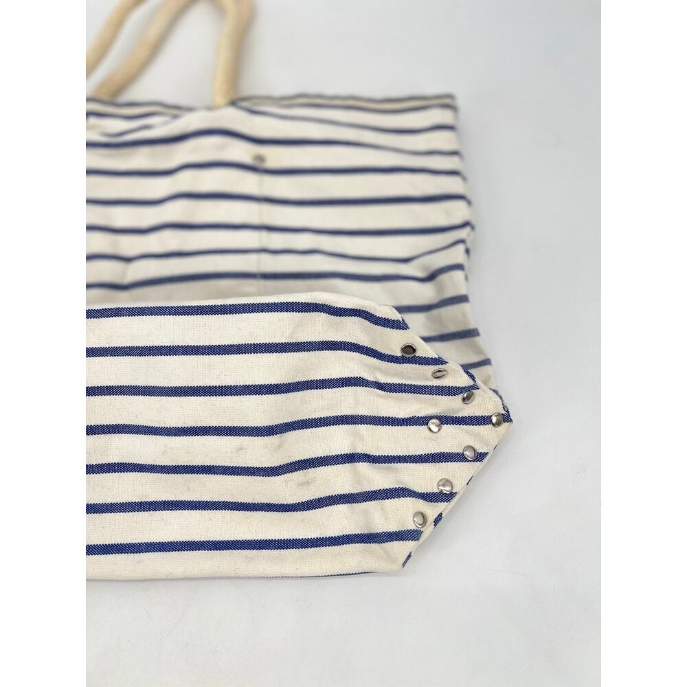 J. Crew Nautical Stripe Tote Bag with Rope Handles Cream and Blue Cotton Canvas - Picture 2 of 8
